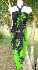 Hawaii Sarong Pareo Green Black Hibiscus Hawaiian Luau Cruise Beach Pool Dress 