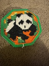 Vtg Children's Color with Yarn Art Craft Kit Panda Green  Orange Hex Container