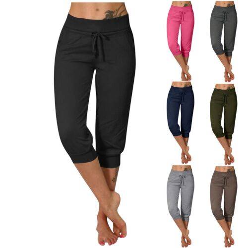 Summer Women's Casual Solid Pants Elastic Waist Cropped Pants Sports Trousers