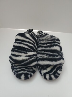UGG BLACK/ WHITE FLUFF YEAH ZEBRA SHEEPSKIN SLIPPERS SANDALS, Size  #S8