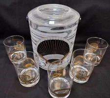 Culver Sea Shell Ice Bucket & 5 Double Old Fashioned Glasses