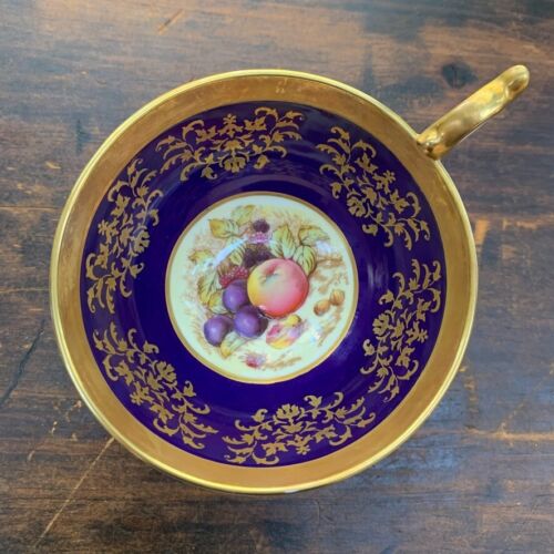 Vintage Aynsley Tea Cup Blue Gold-Tone Fruit Accent Bone China ENGLAND