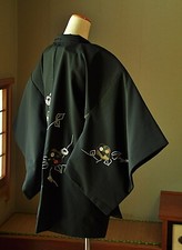 Vintage Japanese Kimono Haori Jacket Polyester Black Glitter Camellia Flowers