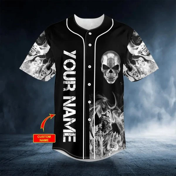 Tribal Metal Grim Reaper Flame Skull Personalized Baseball Jersey