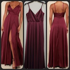 LULUS Ode to Love Burgundy Satin V Neck Maxi Dress**Gorgeous**Size MEDIUM**NWOT*