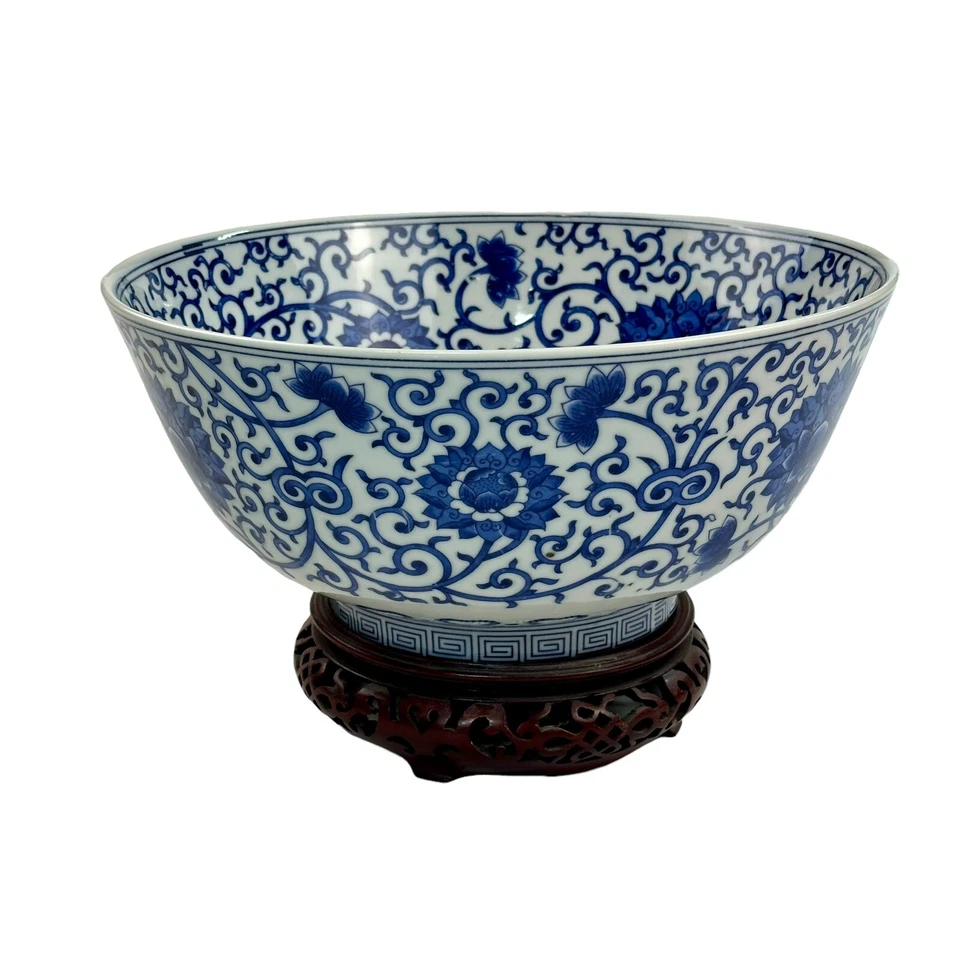 Vintage Chinese Porcelain Ming Dynasty Style Bowl 12” Blue White + Wood Stand - Image 3 of 4
