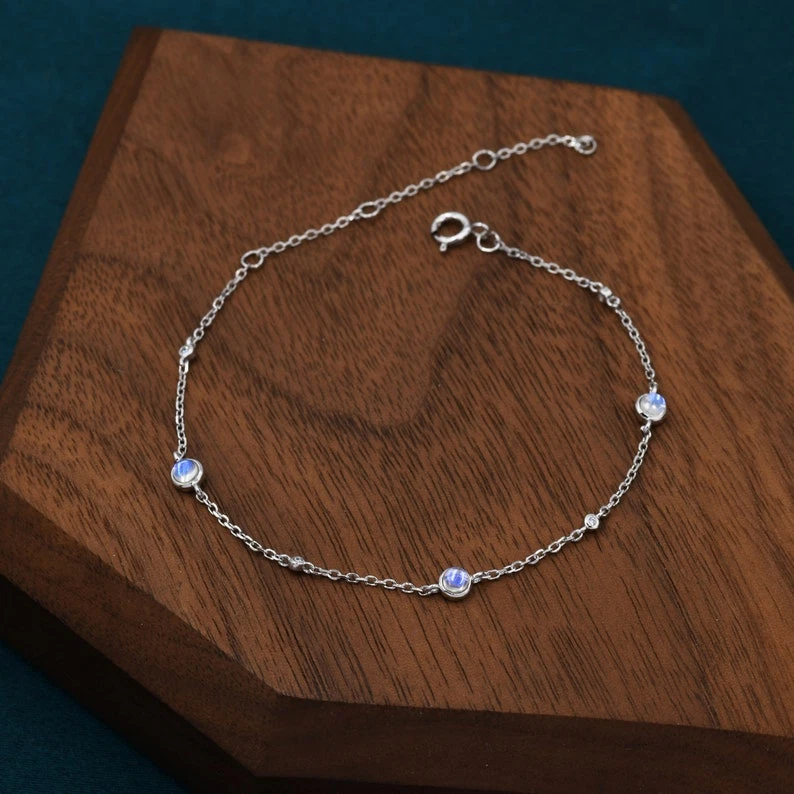 Blue Fire Rainbow Moonstone Chain Bracelet 925 Silver Handmade Bracelet For her - Image 4 of 4