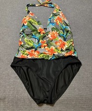 Jantzen Swimsuit Women 16 Black Floral One Piece Lined Built In Bra Tropical