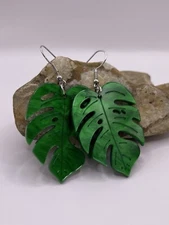 Green Monstera Leaf Earrings