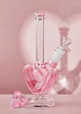 9" Pink Glass Bong Heart Design Girly Smoking Hookah Water Pipe Bubbler W/Bowl