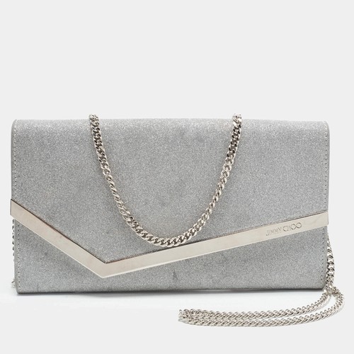 Jimmy Choo Emmie Silver Coarse Glitter Chain Clutch