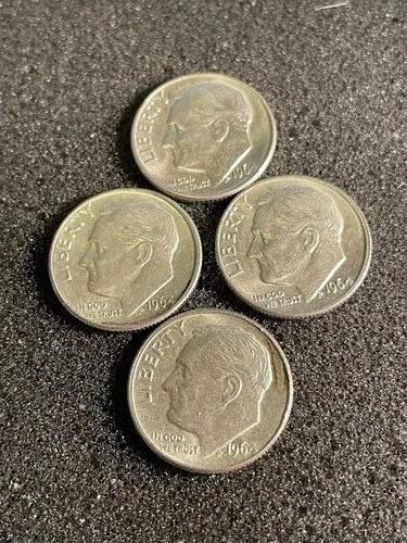 Lot of four (4) 1964 Roosevelt Dimes - 90% Silver - Plus 1935 Buffalo Nickel