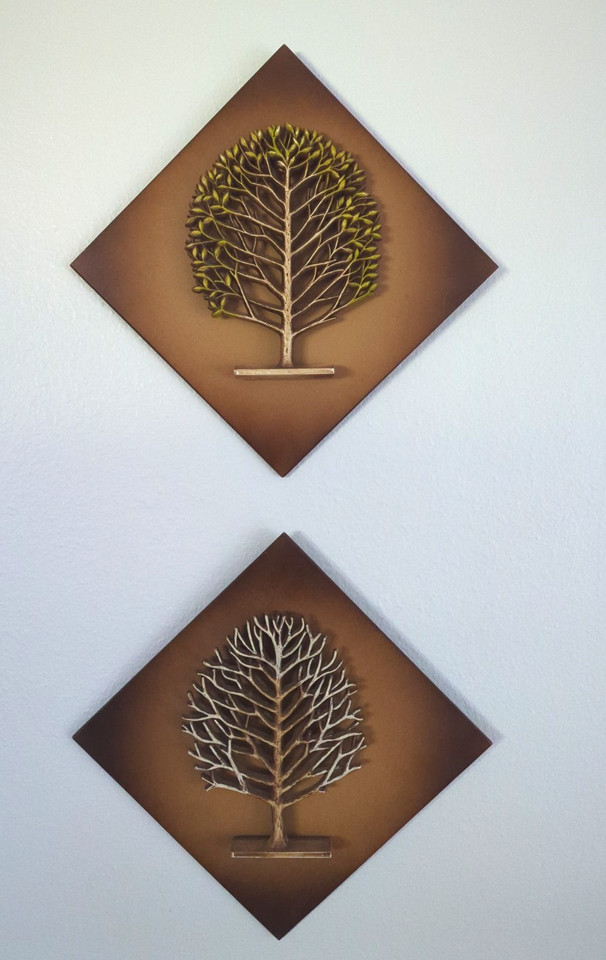 Vintage Mid-Century Modern Wall Plaques Syroco Wood Tree Seasons Nature Set of 2