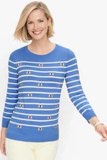 Talbots Blue Striped Embroidered Bee Sweater Top Womens Sz M Preppy 3/4 Sleeve