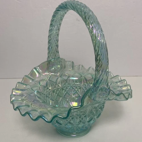 Fenton Art Glass Iridescent Aquamarine Ruffled Basket w/ Spiral Handle 8”x7”