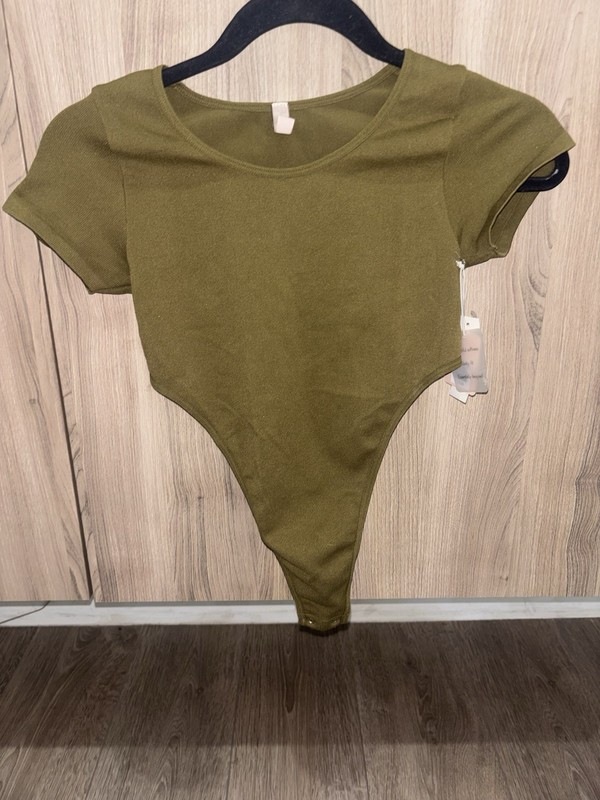 NWT Olive Green Thong Bodysuit Womens M/L Minimalist Stretch Short Sleeve Top