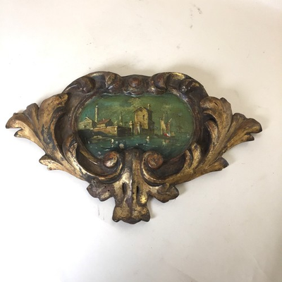 #ad #ad Late 19th century Italian hand painted harbor scene on decorative giltwood panel $125.00