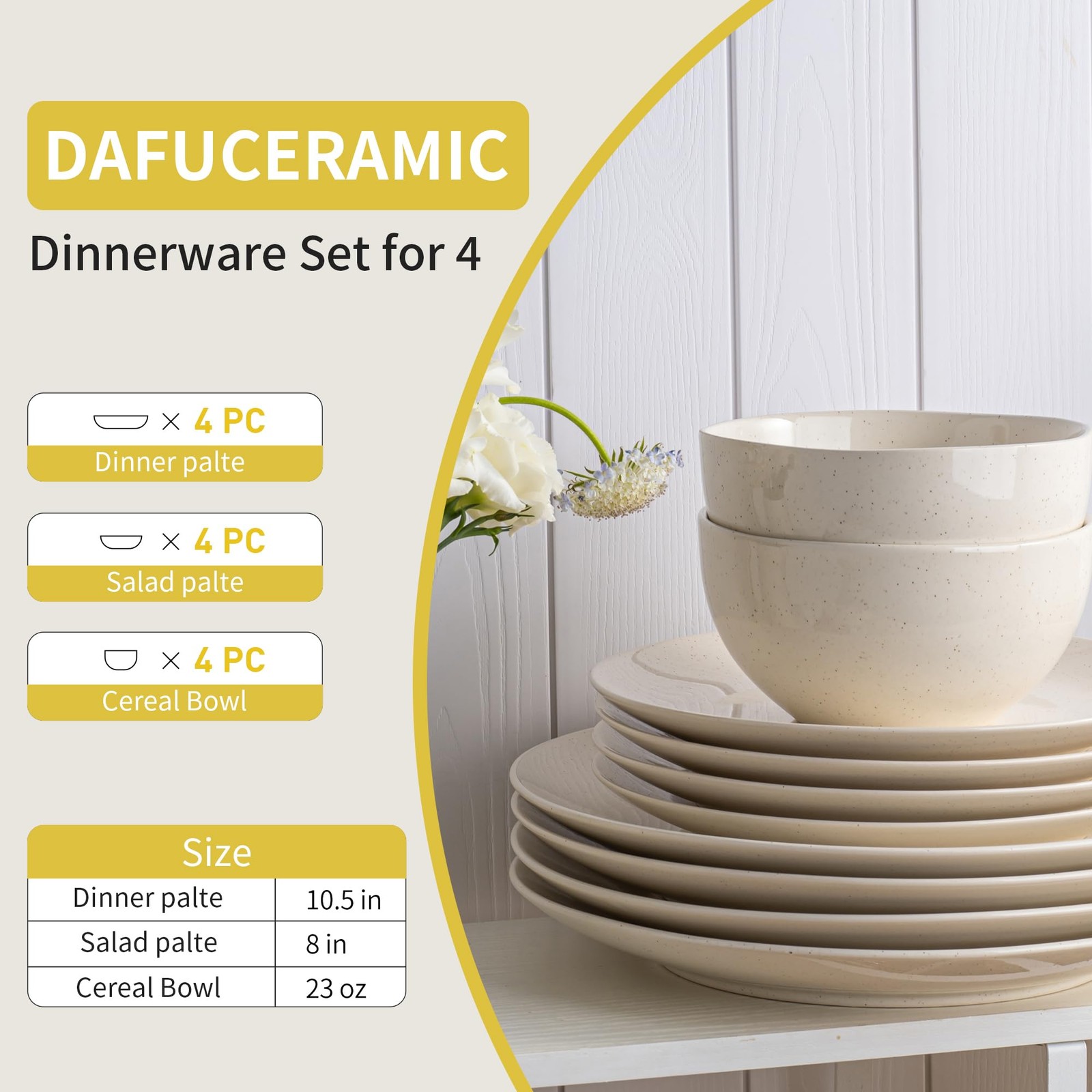 Dafuceramic Plates and Bowls Sets, 12 Pieces Modern Stoneware Dinnerware Set ...