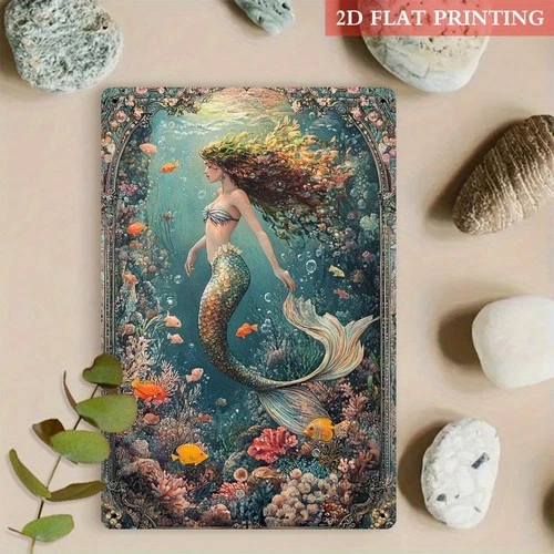 Vintage Mermaid Ocean Dreamscape Tin Metal Signs Home Décor 8x12
