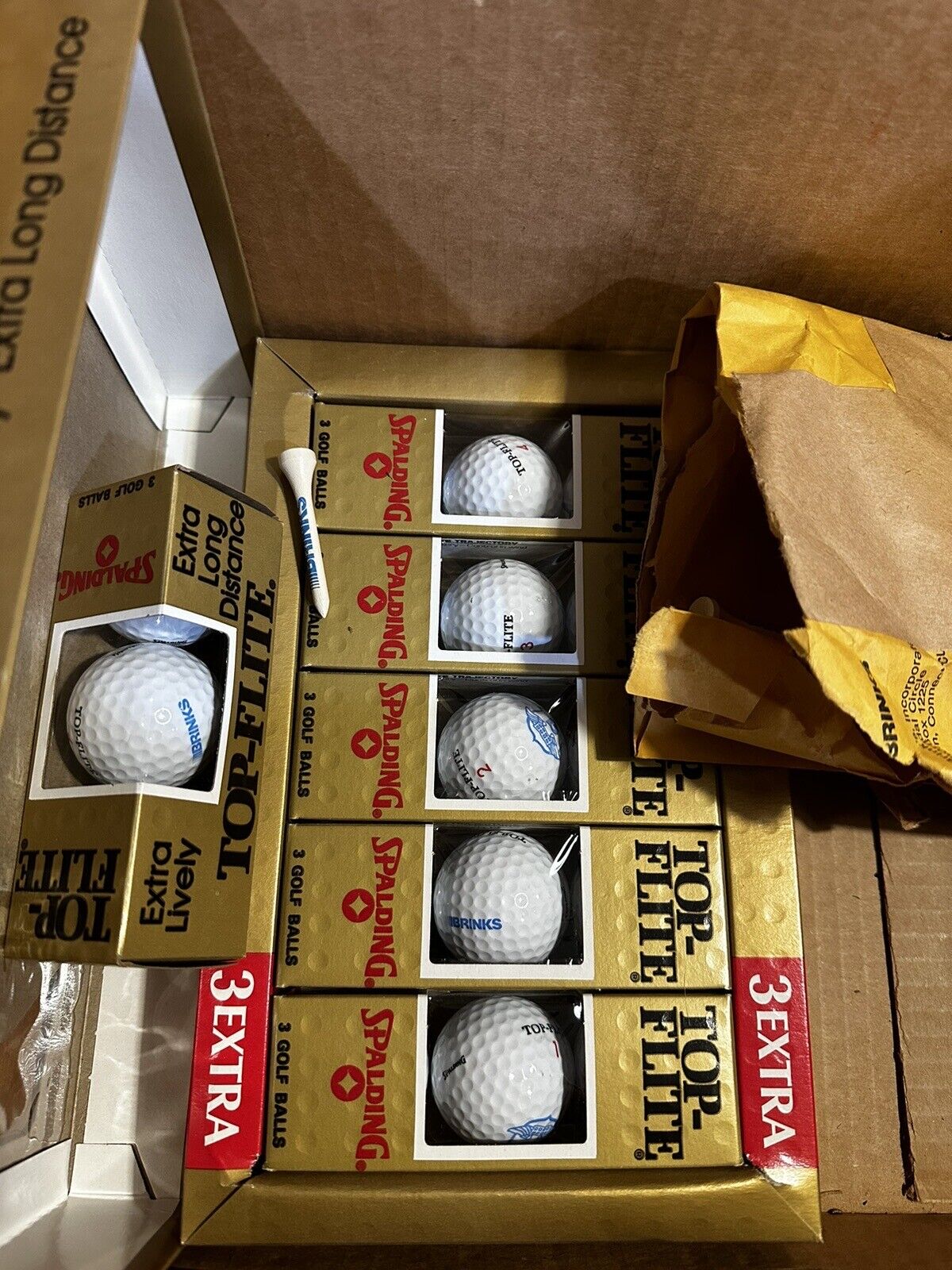 Vtg SPALDING TOP-FLIGHT Golf Balls 1982, 18 Balls, Tees, 9 Visors, BRINKS NIB