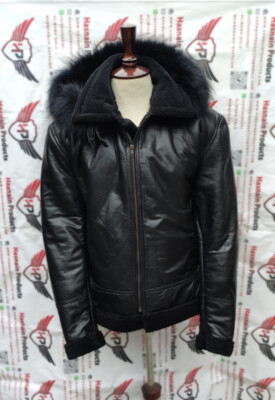 Leather Jacket Hoodie With Fur Inside Mens Men's Furcliff Black