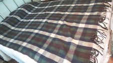 Antique Wool BLANKET, Plaid, Fringed,Brown, Green, White 76"x58"