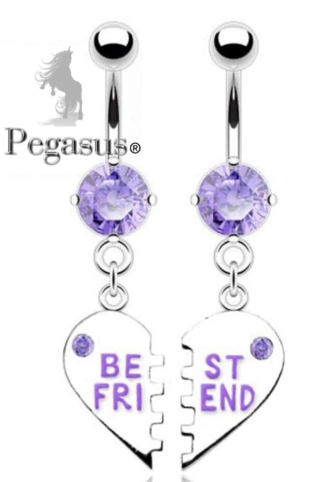 BOXED GIFT SET Purple Besties Best Friend Heart Cz Belly Navel Bar Barbell