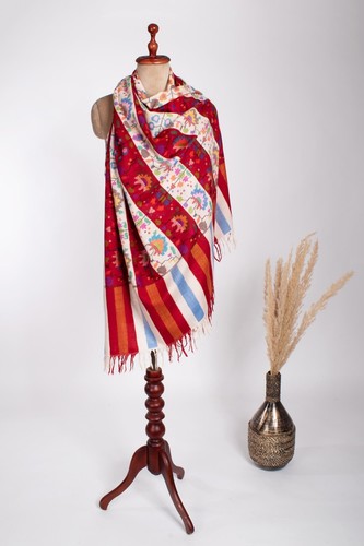 Cashmere Red White Stripes Artistic Handloomed Bold Kani Pashmina Shawl - Picture 8 of 9