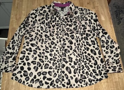 Lane Bryant Woman s Grey Leopard Print Button Down Blouse w/Rhinestone Collar~24
