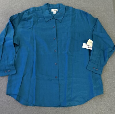 Ann Gerlin Womens Linen Blouse 24 Lagenlook Teal Button Up Shirt Top NEW LongSlv