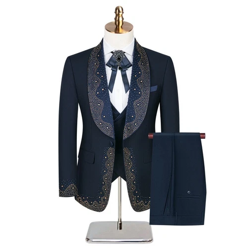 Herren Anzüge 3 Stck. Normale Passform Schal Revers Smoking Bräutigam Luxus Strass Perlenstickerei - Bild 28 von 35