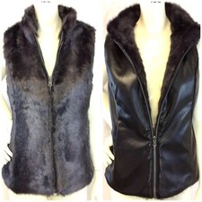 Nwt Fuda $80 Dark Gray/black Faux Fur/leather Zip Front Reversible Vest Medium