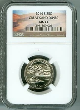2014-S NGC MS66 GREAT SAND DUNES 25c ATB PARKS LOGO QUARTER, LOW POP 