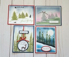 Handmade Christmas Cards Made W/ Stampin Up More Evergreen Xmas Trees- 4 Total