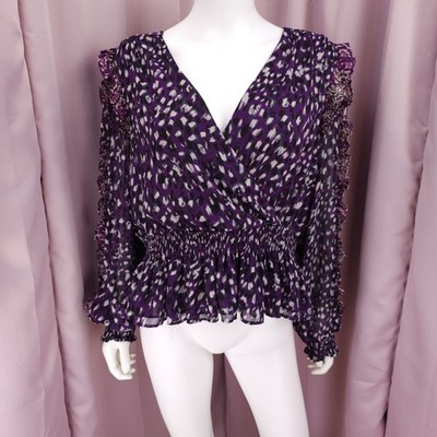 Express Women's Animal Print Long Sleeve Faux Wrap V-Neck Blouse Top Large