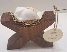 Handmade Baby Jesus In Manger On Wood Cross "Come Unto Christ" 4.5" Nativity