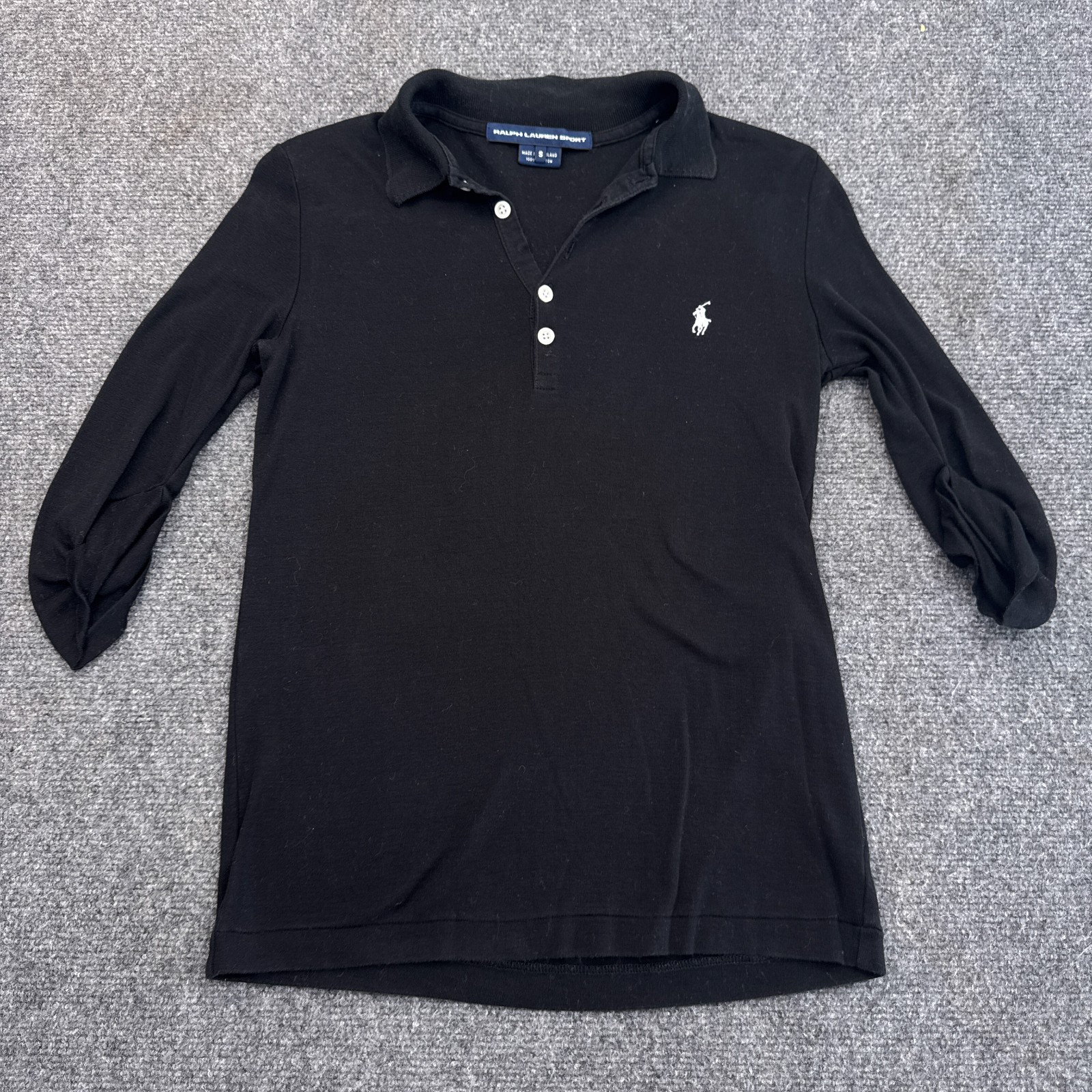 Ralph Lauren Sport Polo Shirt Top Womens Size Small Black White Pony 3/4 Sleeve