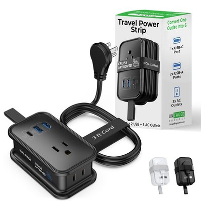 Travel Charger for Multiple Devices, Flat Plug Power Strip 3ft Adapter Extens...