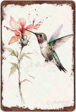 Antique Metal Tin Sign Hummingbird Watercolor Colorful Bird Metal Sign Hummin...