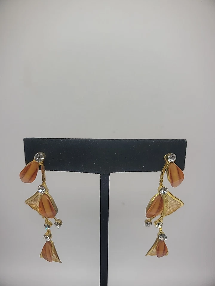 Pendientes Vintage Perforados Amarillo Naranja Malla Cristales Blancos Joyería Disfraz Foto 3 de 4