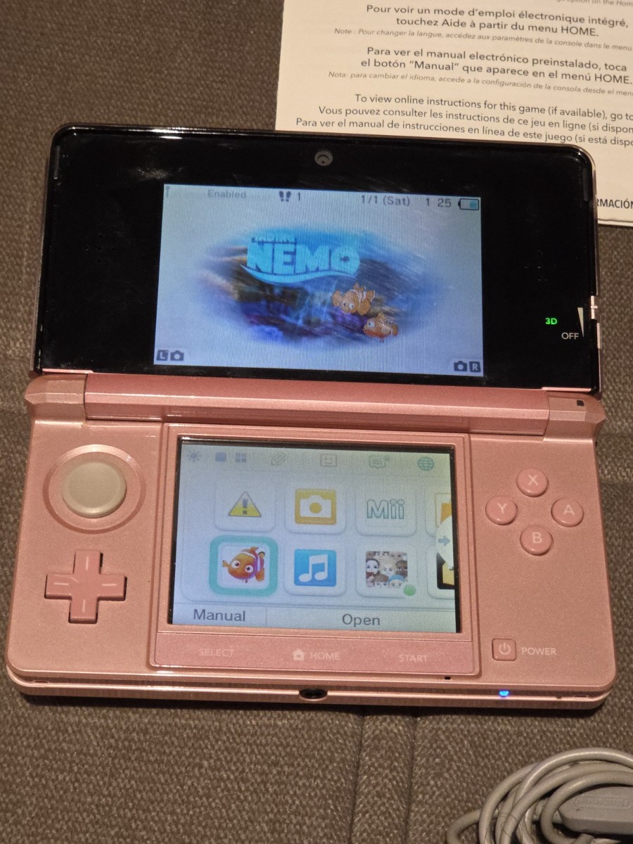 Nintendo 3DS Pearl Pink Handheld Console Bundle w/ Finding Nemo