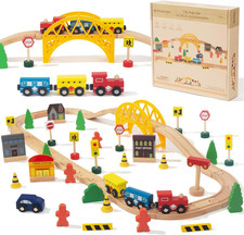 60Pcs Train Set for 3 Year Old Boys, Double-Side Wooden Train Set Tracks for Tod