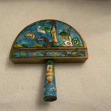 Vintage Chinese Cloisonné Silent Butler Or Crumb Catcher Blue Enamel And Brass