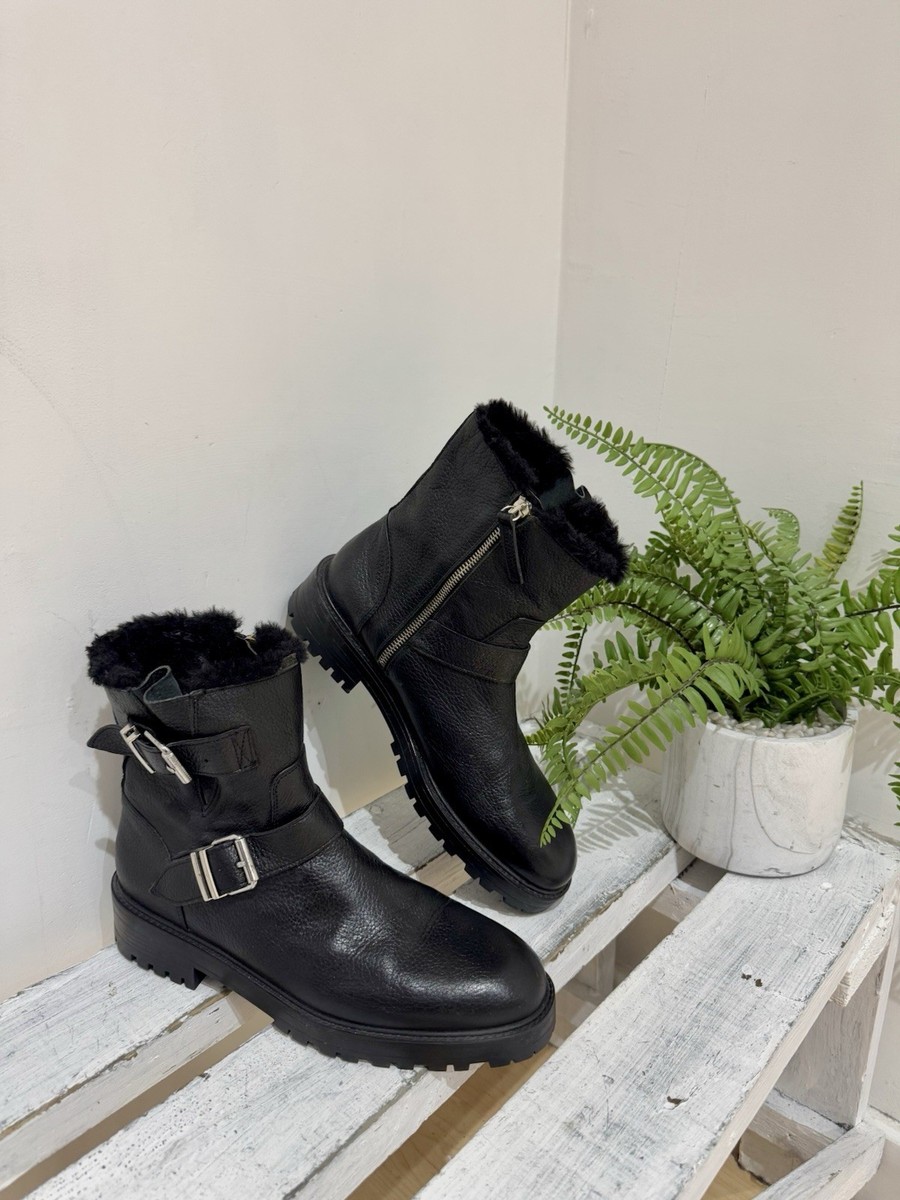 Zara Biker Black Flat Biker Ankle Boots Buckle Womens Boots