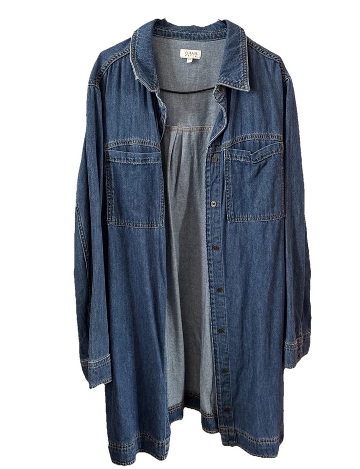 GRAB mini Length Denim Dress Sz 14 Flared Hem Shirt Dress Relaxed Retro Boho