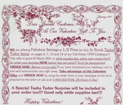DEAR SPECIAL CUSTOMER As Our Valentine Gift to You / Tasha Tudor 1996 #24873