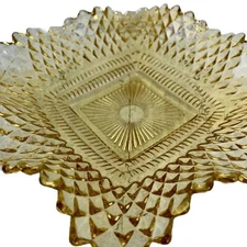 Vtg Yellow Amber 60s Glass Ruffled Diamond Point MCM Dish Candy Tidbit Veggie