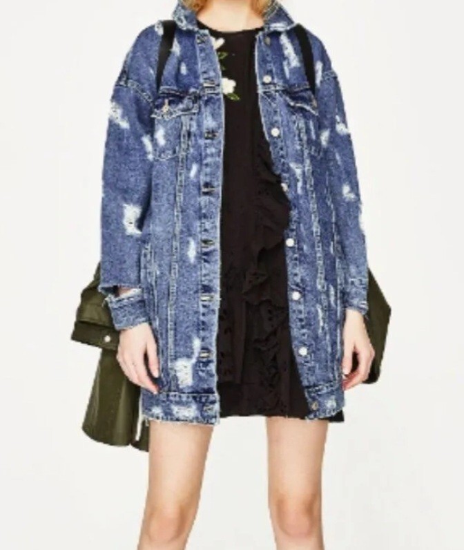 Zara Oversized Long Line Distressed Thrashed Denim Women Blue