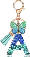 Initial letter Keychains for Women Tassel Butterfly Pink Purple A-blue Green