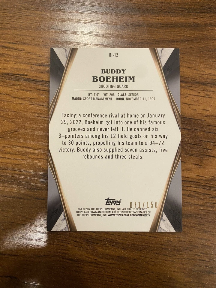 2021-22 Bowman University Buddy Boeheim Bowman Invicta WAVE Refractor /150 - Image 2 of 2